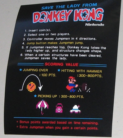 Donkey Kong Instruction card